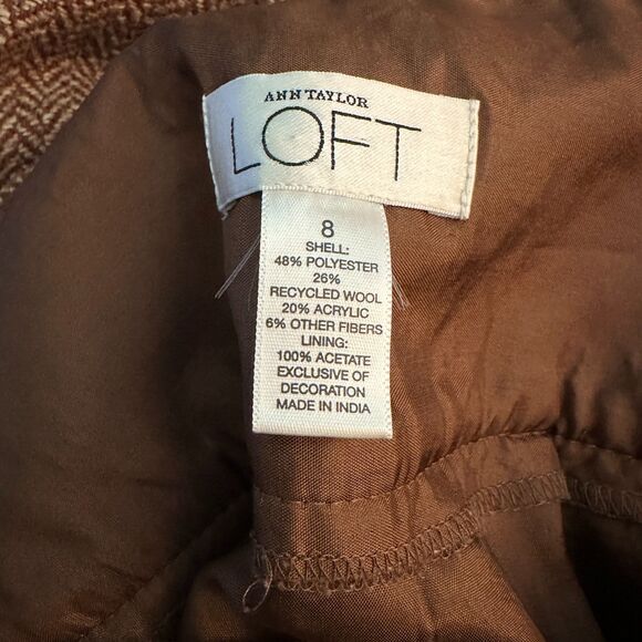 Loft Brown Tweed Embroidered Beaded Wool Blend Pleated A-Line Skirt Size 8 - Picture 6 of 6